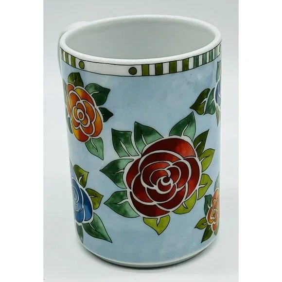 Dansk Danika Rose Coffee Mug Orange Blue Red Roses 4 inch 10 ounce 2015 Lot of 2 - Picture 5 of 11